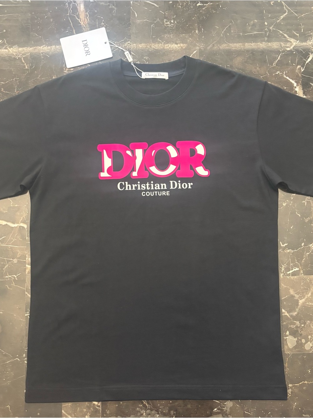 Dior Couture Men's Black T-Shirt with Pink Logo adult size M